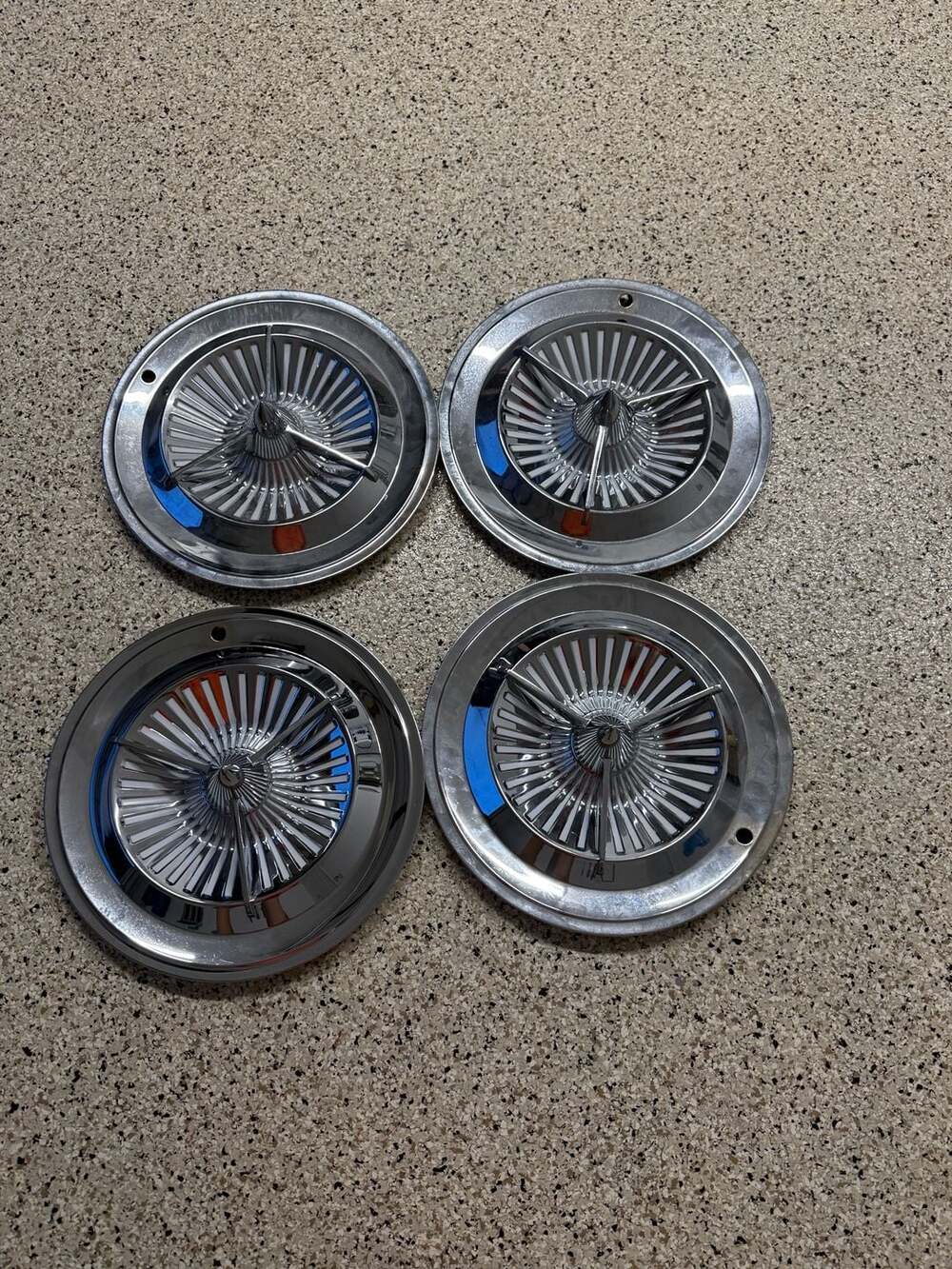 Set of 4 New Old Stock Vintage Chrome Polara Style Tri-Bar Turbine Hubcaps 15 In
